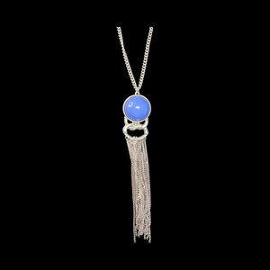 Silver Tassel Necklace with Blue Pendant
